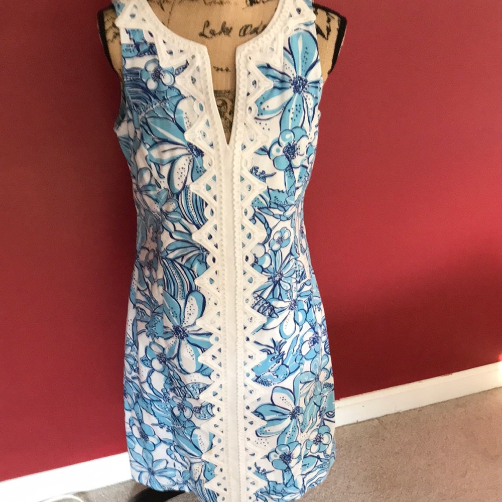 Lilly Pulitzer Blue & White Floral Eyelet Shift Dress